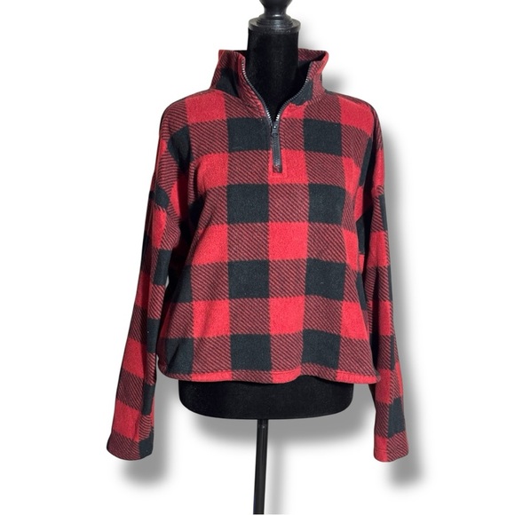 Hippie Rose Red/Black Flannel Checkered Quarter Zip Long Sleeve Cropped Fleece - Picture 1 of 15